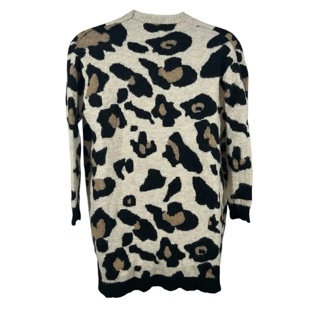 Leopard Print Open Cardigan S M Cozy Oversized Soft Knit Sweater